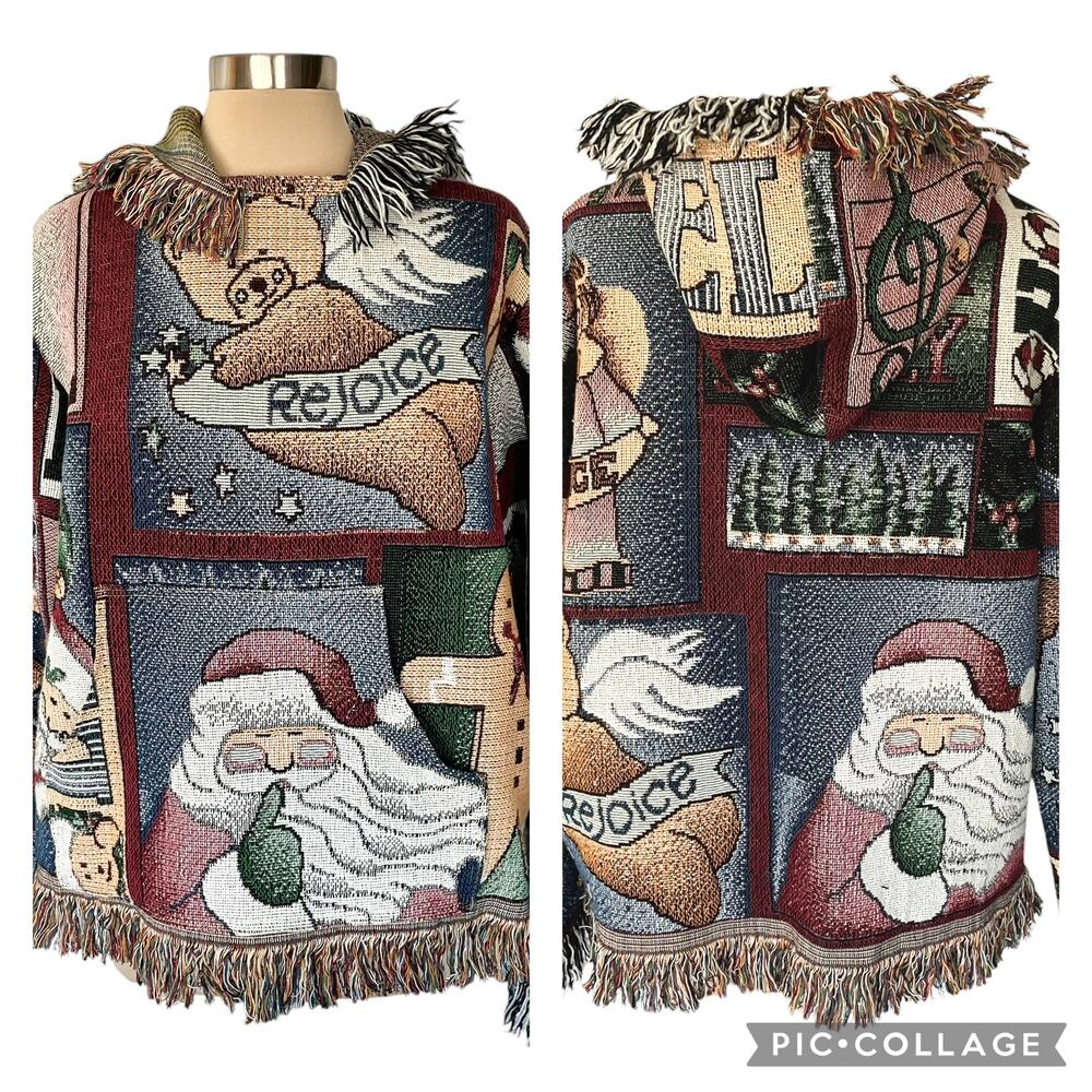 Upcycled Christmas Hoodie from Christmas Tapestry Blanket Handmade OOAK LARGE